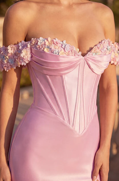 Pink Satin Mermaid Off Shoulder 3D Floral Lace Up Back Slit Long Prom Dress