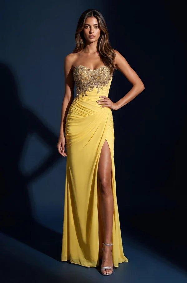 Yellow Strapless Gold Beaded Chiffon Slit Gown