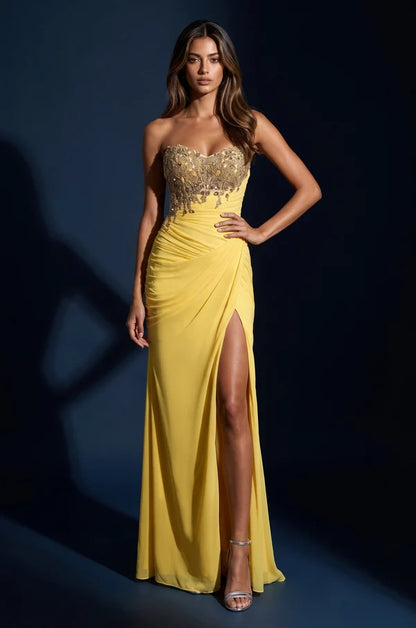 Yellow Strapless Gold Beaded Chiffon Slit Gown