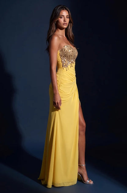Yellow Strapless Gold Beaded Chiffon Slit Gown