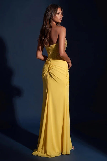 Yellow Strapless Gold Beaded Chiffon Slit Gown