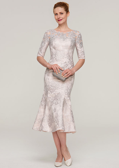 Vintage Fashion Wedding Guest Dresses Mermaid Bateau Half Sleeve Lace With Appliqued Tea-Length Bargain Mother of the Bride Dress
