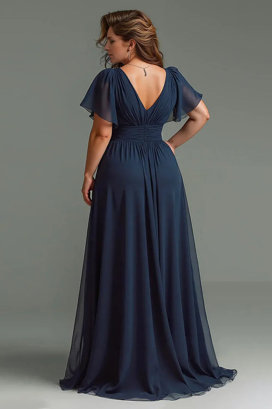 Elegant Navy Chiffon A Line V-Neck Flutter Short Sleeves V Back Pleated Plus Size Dresses Long Wedding Guest Dress For Women New Style Mother of the Bride Dress