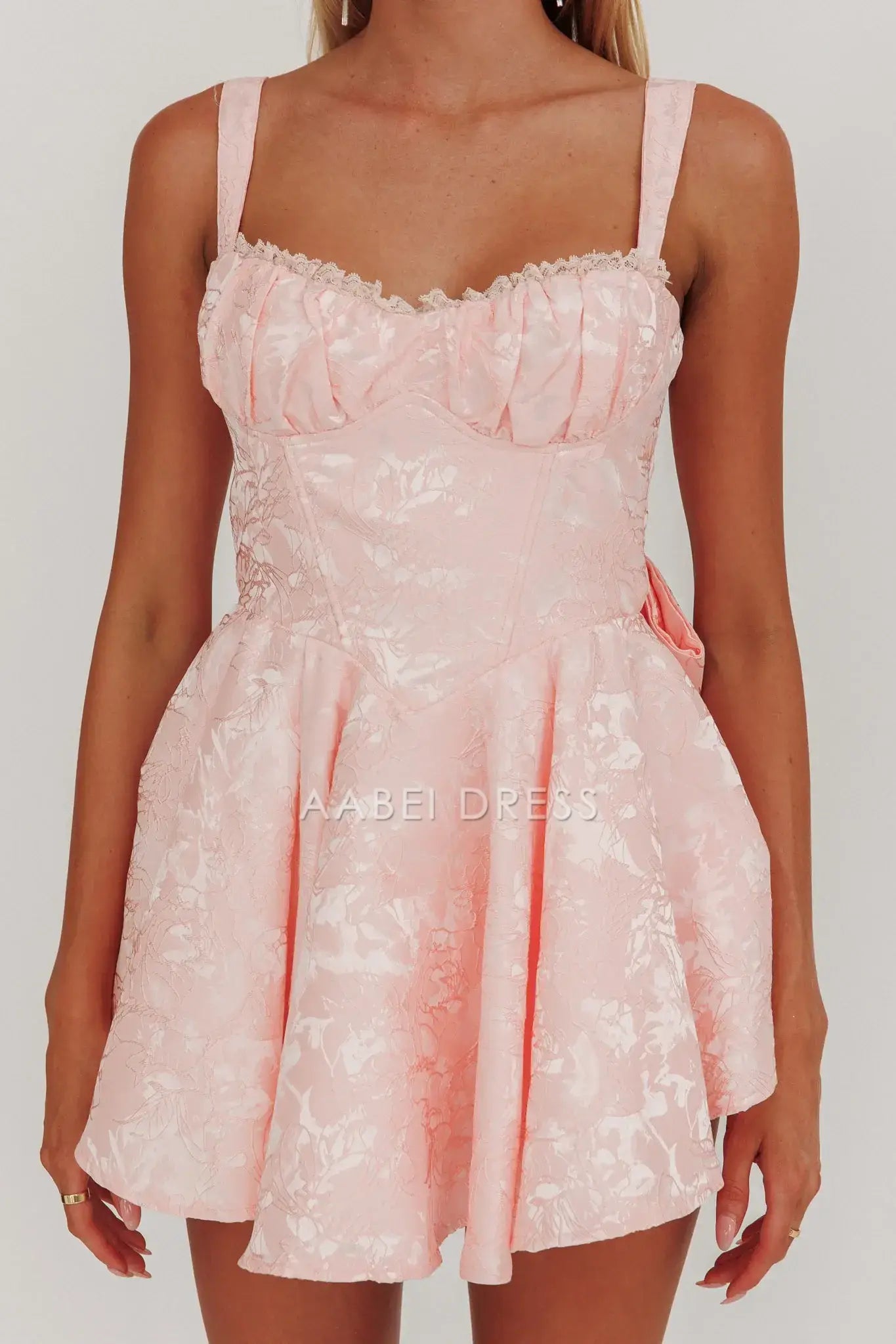 A Line Sweetheart Neckline Wide Shoulder Straps Jacquard Bow Pink Ruched Mini Dress Hot Sale Homecoming Dress