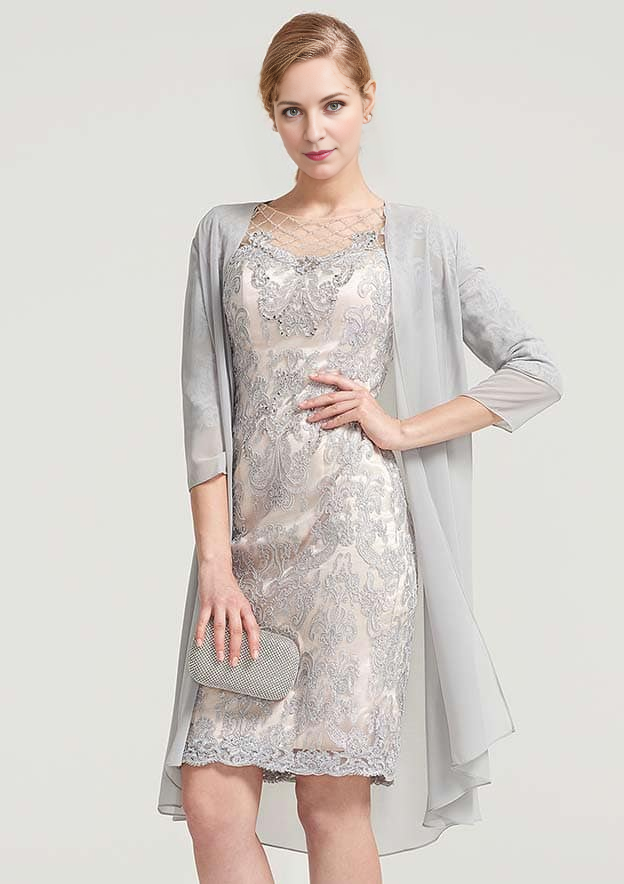 Exquisite Wedding Guest Dresses Silver Chiffon Sheath/Column Boat Neck Half Sleeve Lace Applique Beading With Jacket Two-Piece Knee-Length Bargain Mother of the Bride Dress