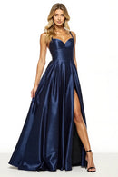 Navy Satin A Line Spaghetti Straps Sweetheart Neckline Sleeveless Backless Pleated with Slit Long Formal Dress Hot Sale Evening Dresses