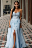 Blue Tulle Fashion A-Line Spaghetti Straps Corset Low-Cut with Lace Appliques Backless Side Fork Exquisite Wedding Guest Dress Long Hot Sale Prom Dresses