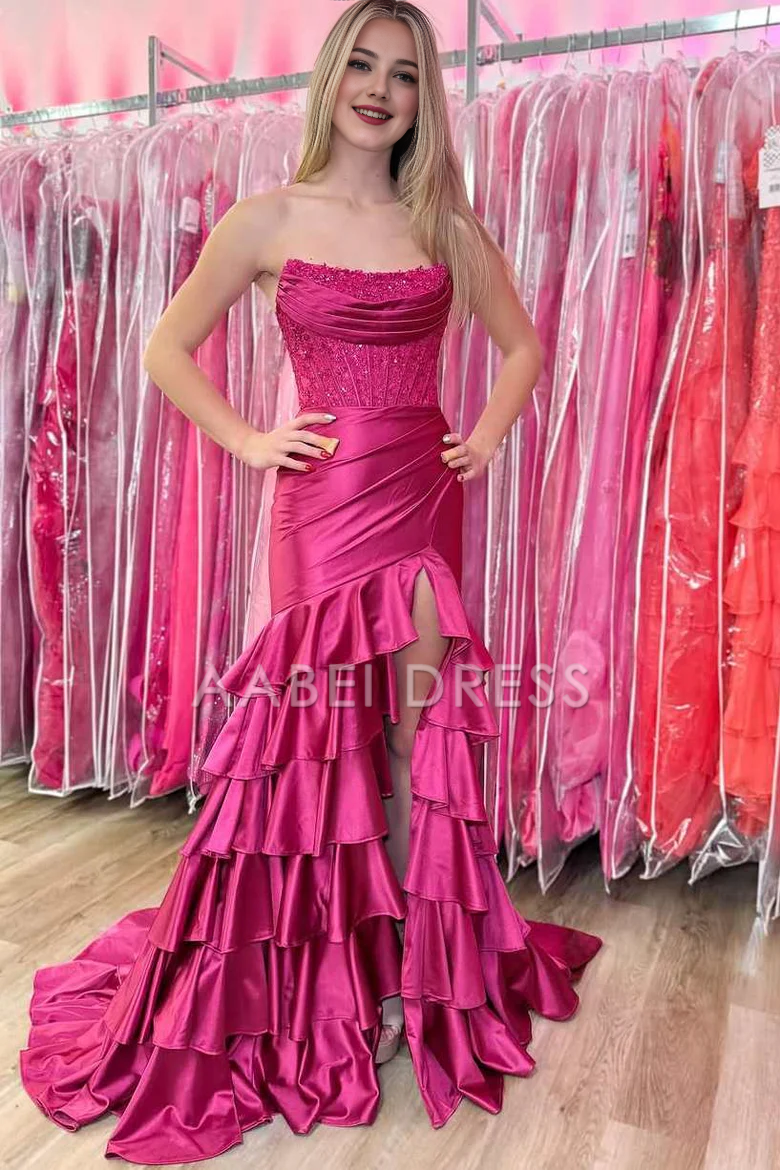 AABEI DRESS Prom Dress Strapless Scoop Layered Pleated Mermaid Side Fork Elegant Formal Dress
