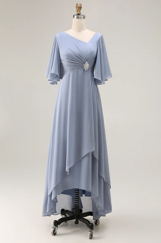 Wedding Guest Dress Dusty Blue A Line Asymmetrical V Neck Tiers Ruched Hem Flutter Sleeves Pleated Beadwork Backless Elegant Long Mother of the Bride Dress
