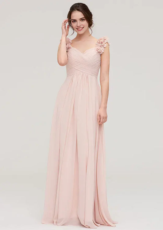 Pink Chiffon A-line Sweetheart Shoulder 3D Flower Sleeveless With Pleated Affordable Floor-Length Bridesmaid Dress
