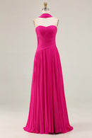 Trendy Prom Dress Fuchsia A Line Strapless Pleated Sweetheart Neck With Scarf Sleeveless Backless Bargain Long Wedding Guest Dress