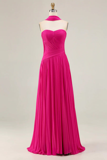 Trendy Prom Dress Fuchsia A Line Strapless Pleated Sweetheart Neck With Scarf Sleeveless Backless Bargain Long Wedding Guest Dress