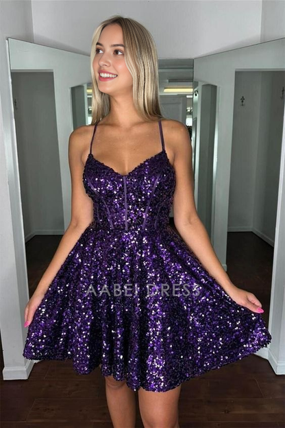 AABEI DRESS New Homecoming Dress Charming Sequin A-line V Neck Spaghetti Strap Backless Sparkle Short Prom Dresse