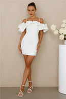White Elegant Ruffled Edge Off Shoulder Spaghetti Strap Slim Fit Fashion Mini Dress Hot Sale Homecoming Dress