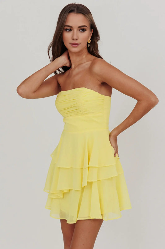 Fashion Bright Yellow A Line Strapless Pleated Multi-Layered Ruffled Cute Mini Dress Hot Sale Homecoming Dress