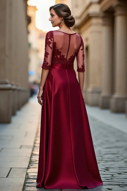 Wedding Guest Dress Elegant Dark Red Satin A Line Boat Collar 3/4 Long Sleeve with Lace Appliques Hot Sale Long Mother of the Bride Dress
