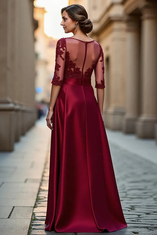 Wedding Guest Dress Elegant Dark Red Satin A Line Boat Collar 3/4 Long Sleeve with Lace Appliques Hot Sale Long Mother of the Bride Dress