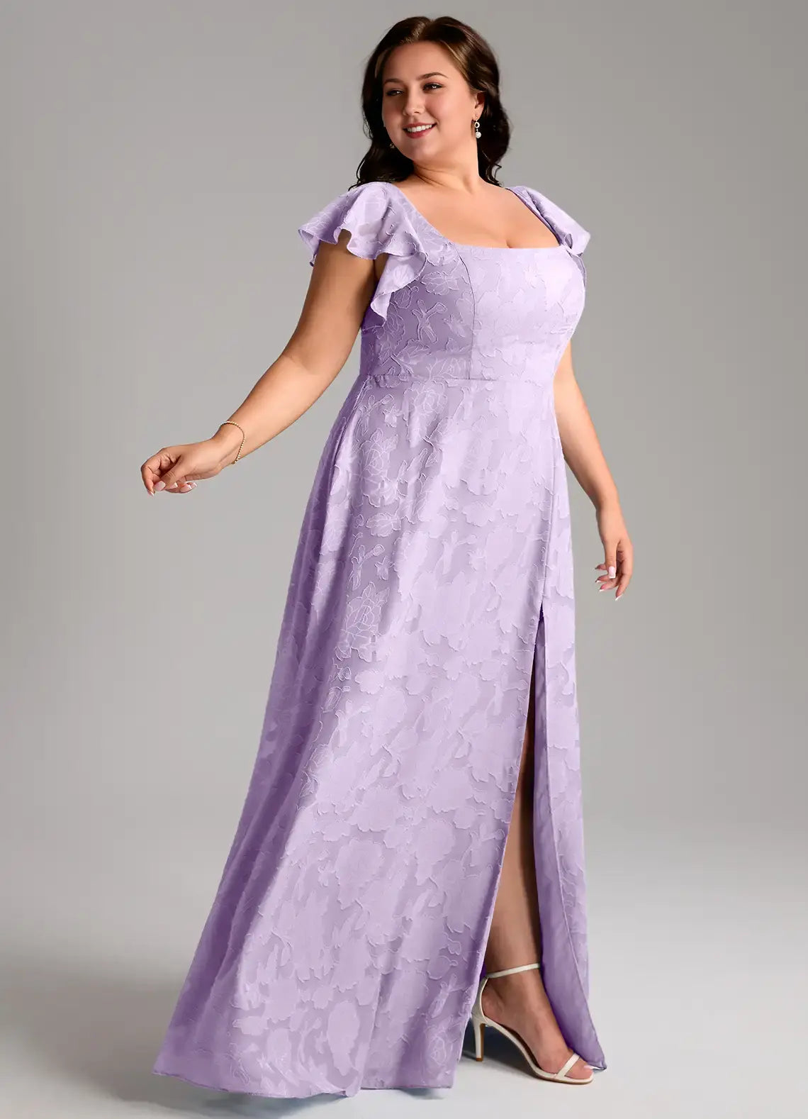 Wedding Guests Dresses Lilac Modern A-Line Square Neck Ruffles Flutter Sleeve Side Slit Floral Jacquard Backless Romantic Plus Size Formal Dress Discount Hot Sale Prom Dress