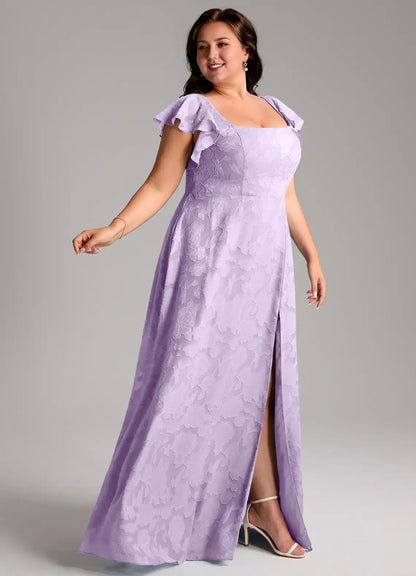 Wedding Guests Dresses Lilac Modern A-Line Square Neck Ruffles Flutter Sleeve Side Slit Floral Jacquard Backless Romantic Plus Size Formal Dress Discount Hot Sale Prom Dress
