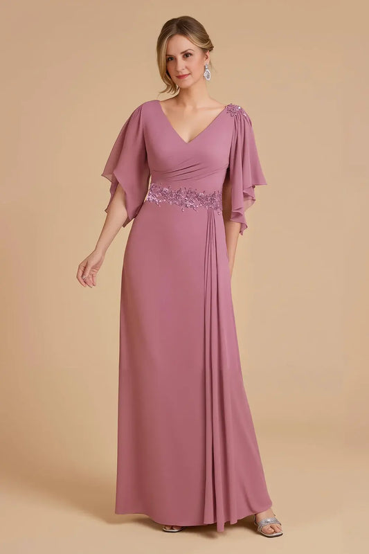 Dusty Rose Chiffon Sheath V Neck Flutter Sleeves Waist Lace Applique with Ruffles Exquisite Long Wedding Guest Dress Hot Sale Mother of the Bride Dresses