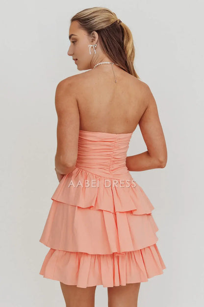 A Line Strapless Sleeveless Layered Ruched Backless Fashion Blush Mini Dress Hot Sale Homecoming Dress