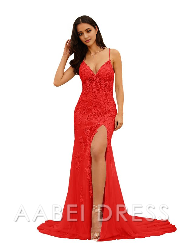 AABEI DRESS Prom Dress Tulle Appliques Backless Lace Up Mermaid Spaghetti Straps Long Evening Dresses for Women