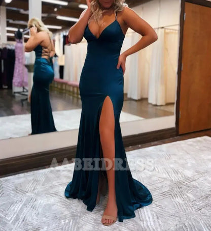 Evening Dress Deep V Neck Mermaid Spaghetti Straps Sweep Train Backless Side Fork Sexy Charming Formal Women's Dresses