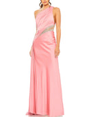 Gown Elegant Formal Floor Length Sleeveless One Shoulder Satin with Glitter Ruched Sequin Evening Dress