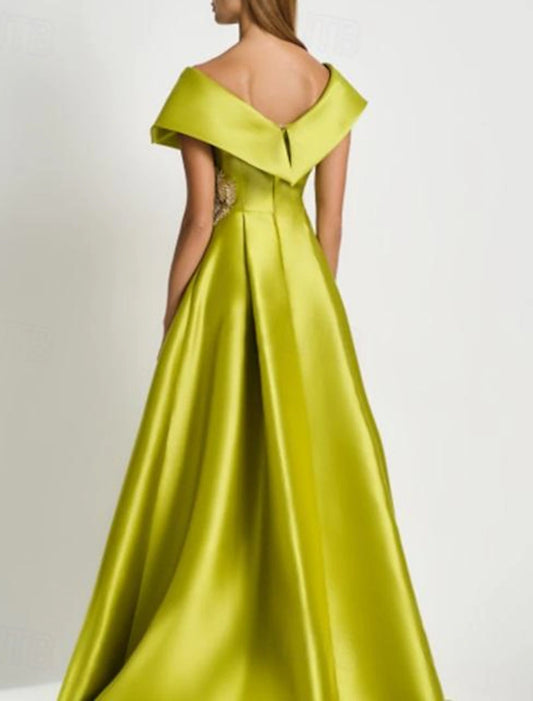 Gown Elegant Wedding Guest Floor Length Short Sleeve V Neck Pocket Satin with Rhinestone Evening Dress