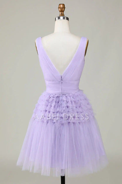 AABEI DRESS Hot Sale Prom Dress Tulle V-Neck Pleated Fashion Short Formal Dress