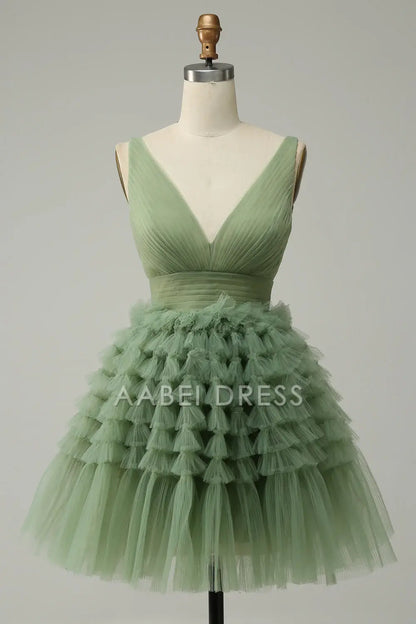 AABEI DRESS Hot Sale Prom Dress Tulle V-Neck Pleated Fashion Short Formal Dress