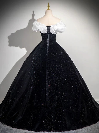 Sparkly Ballgown Off Shoulder Short Sleeve Lace Up Long Prom Gown