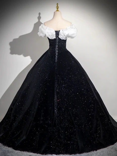 Sparkly Ballgown Off Shoulder Short Sleeve Lace Up Long Prom Gown