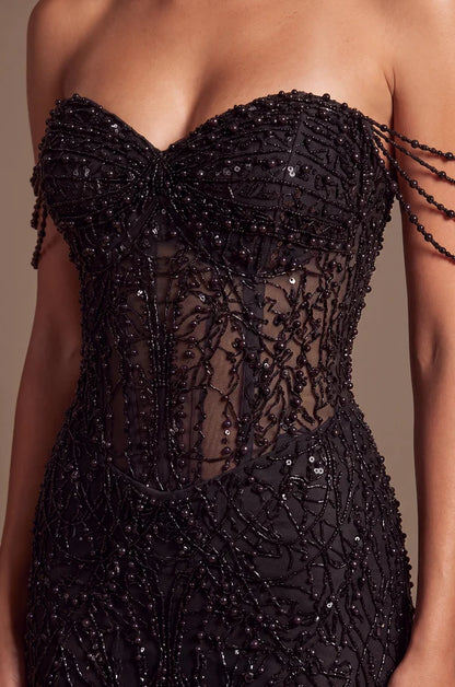 Black Off Shoulder Beaded Sheer Mermaid Corset Gown