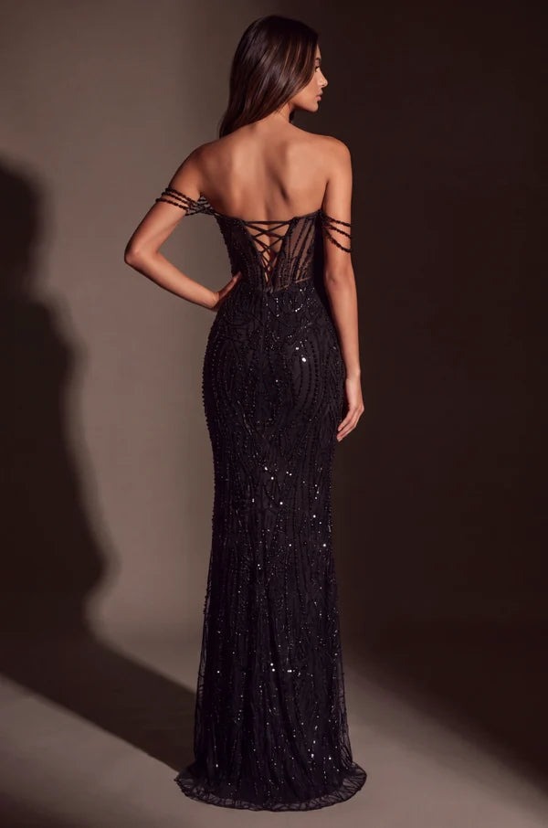 Black Off Shoulder Beaded Sheer Mermaid Corset Gown