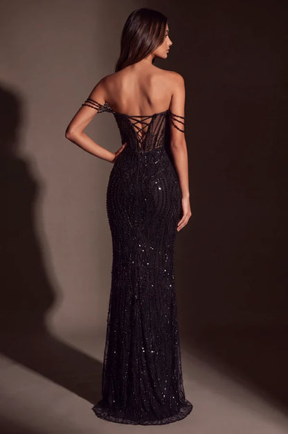 Black Off Shoulder Beaded Sheer Mermaid Corset Gown