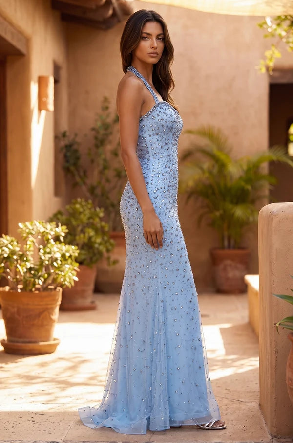 Lightblue Mermaid Sweetheart Halter Sleeveless Zipper Floor Prom Gown