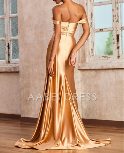AABEI DRESS Mermaid Off Shoulder Cap Sleeves Pleated Side Fork Sweep Train Elegant Evening Dress