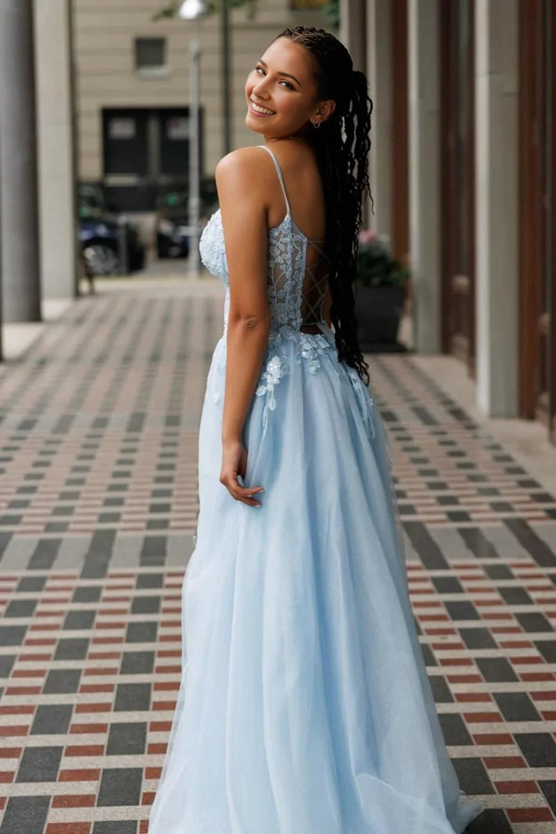 Blue Tulle Fashion A-Line Spaghetti Straps Corset Low-Cut with Lace Appliques Backless Side Fork Exquisite Wedding Guest Dress Long Hot Sale Prom Dresses