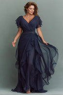 Fashion Navy Chiffon A Line V-Neck Flutter Short Sleeves V Back Pleated with Ruffles Plus Size Elegant Wedding Guest Dress For Women New Style Mother of the Bride Dress