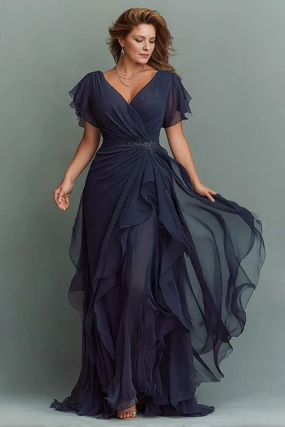 Fashion Navy Chiffon A Line V-Neck Flutter Short Sleeves V Back Pleated with Ruffles Plus Size Elegant Wedding Guest Dress For Women New Style Mother of the Bride Dress