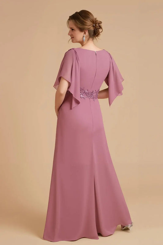 Dusty Rose Chiffon Sheath V Neck Flutter Sleeves Waist Lace Applique with Ruffles Exquisite Long Wedding Guest Dress Hot Sale Mother of the Bride Dresses