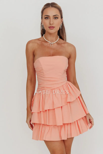 A Line Strapless Sleeveless Layered Ruched Backless Fashion Blush Mini Dress Hot Sale Homecoming Dress