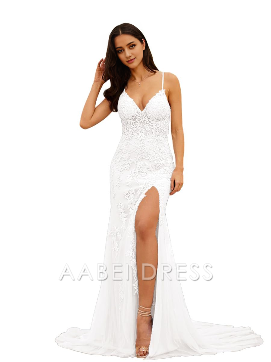 AABEI DRESS Prom Dress Tulle Appliques Backless Lace Up Mermaid Spaghetti Straps Long Evening Dresses for Women