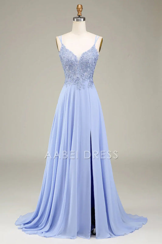 AABEI DRESS Hot Sale Prom Dress A-Line Spaghetti Strap Backless Side Fork With Appliques Long Formal Dress