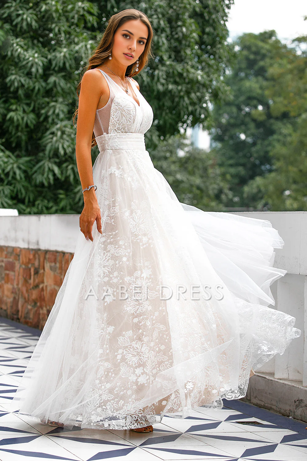 AABEI DRESS Hot Sale Prom Dress A Line Sleeveless V Neck Flower Backless Fashion Long Party Dress