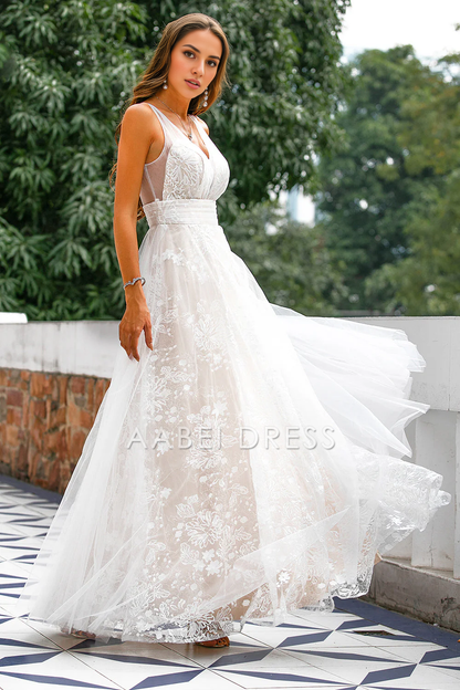 AABEI DRESS Hot Sale Prom Dress A Line Sleeveless V Neck Flower Backless Fashion Long Party Dress