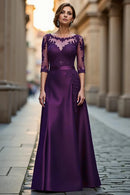 Wedding Guest Dress High Grade Purple Satin A Line Boat Collar 3/4 Long Sleeve with Lace Appliques Fashion Hot Sale Long Mother of the Bride Dress