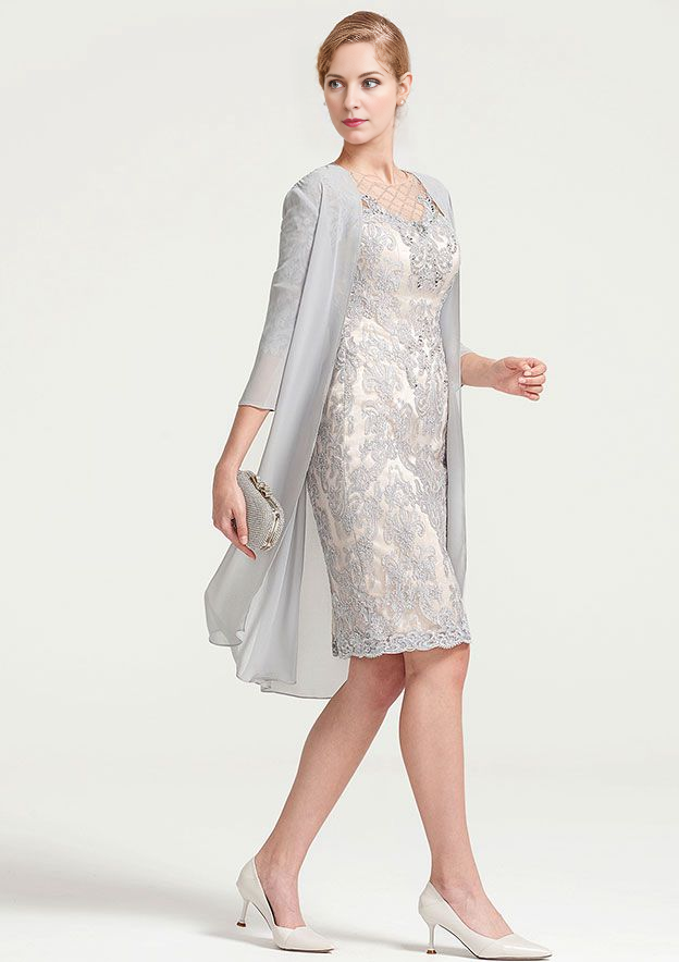 Exquisite Wedding Guest Dresses Silver Chiffon Sheath/Column Boat Neck Half Sleeve Lace Applique Beading With Jacket Two-Piece Knee-Length Bargain Mother of the Bride Dress