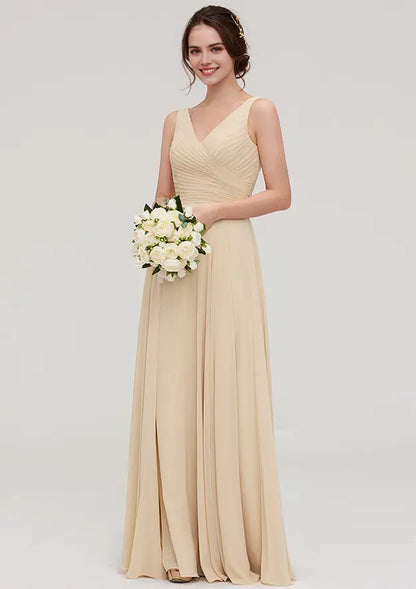 Classic Champagne Chiffon A-line V Neck Sleeveless With Sashes Pleated Affordable Floor-Length Bridesmaid Dress